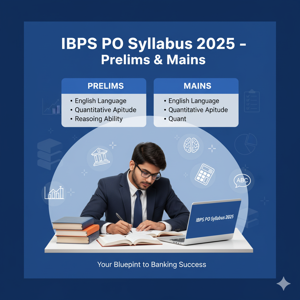 IBPS PO Syllabus 2025 banner showing student studying with banking and exam-related icons.