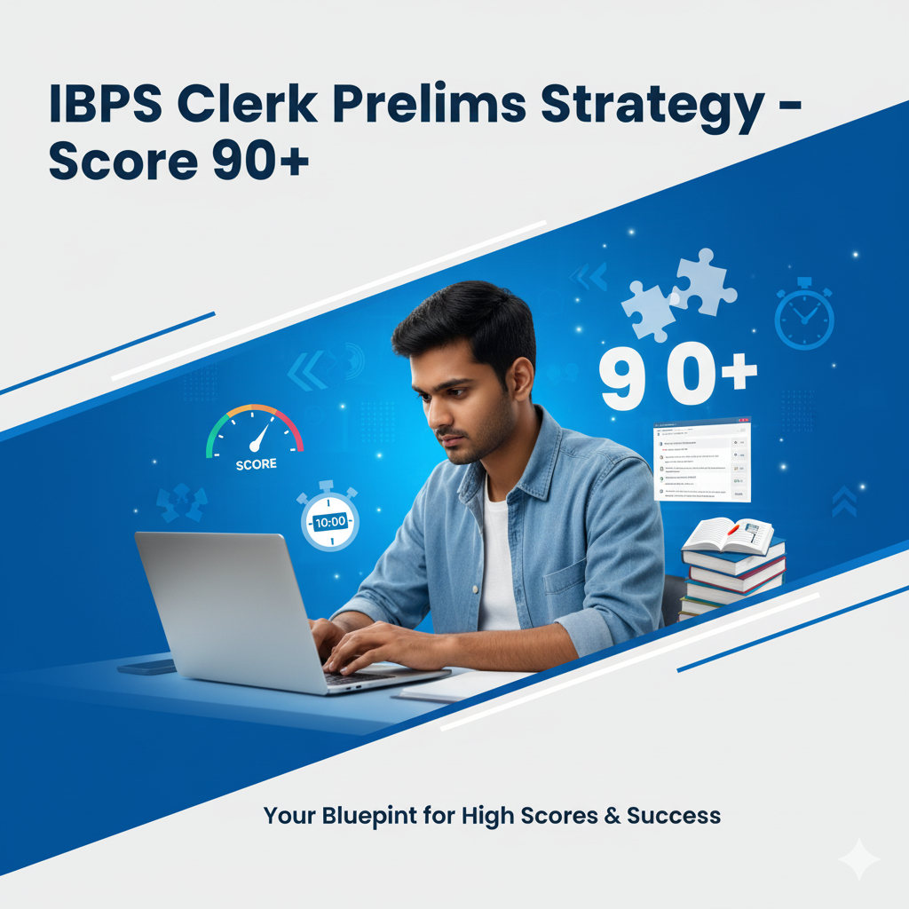 IBPS Clerk Prelims 2025 strategy banner showing student studying with speed and exam icons.