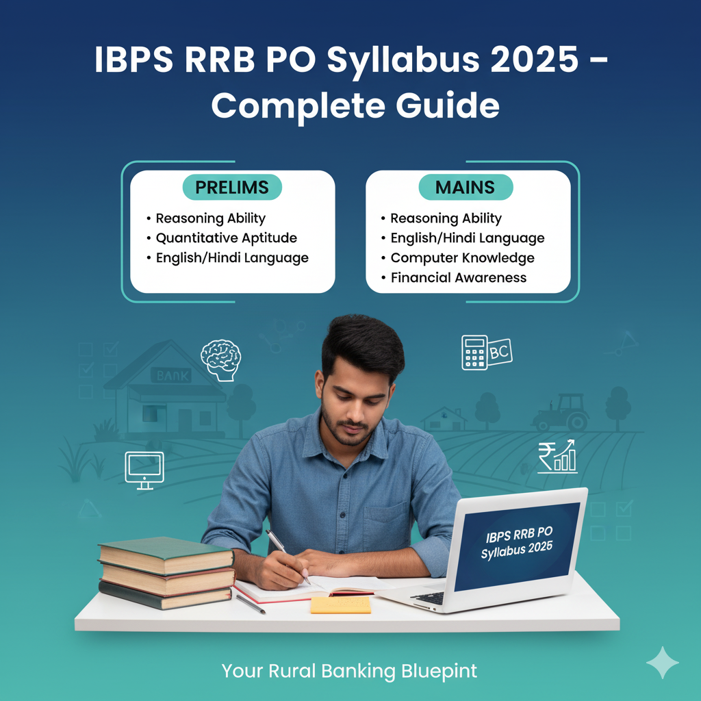 BPS RRB PO Syllabus 2025 banner showing student studying with icons for Reasoning, Quant, English, GA, and Computer Aptitude.