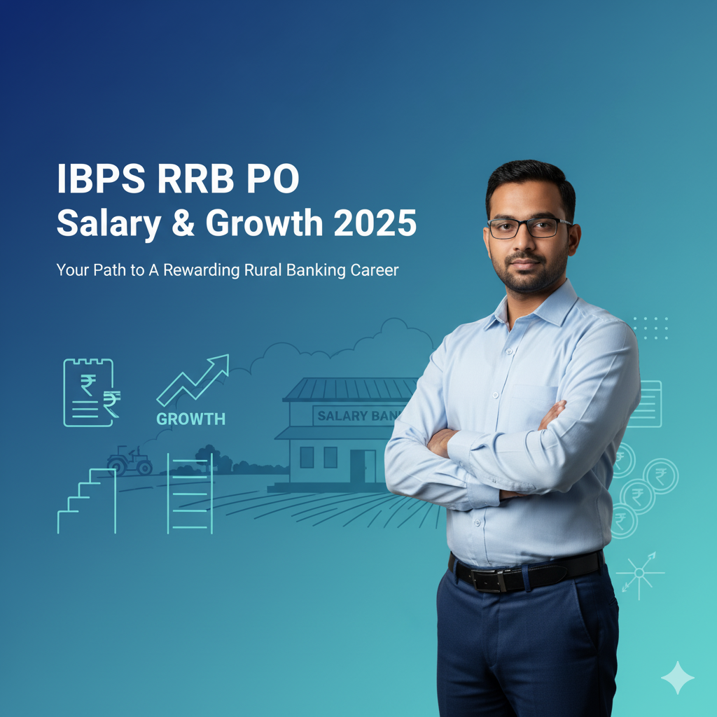 IBPS RRB PO Salary and Growth 2025 banner with rural bank, officer illustration, and promotion icons.