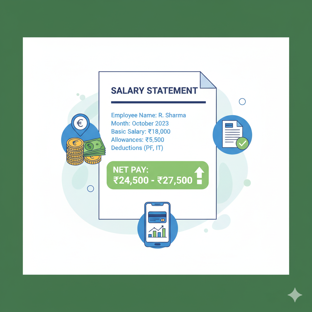 Illustration of IBPS RRB Clerk in hand salary showing 24500 to 27500 rupees.