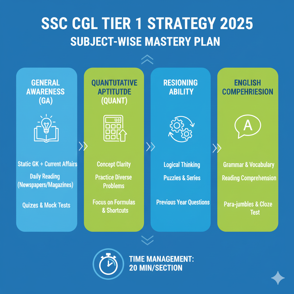 SSC CGL Tier 1 Strategy 2025 infographic showing section wise preparation plan.