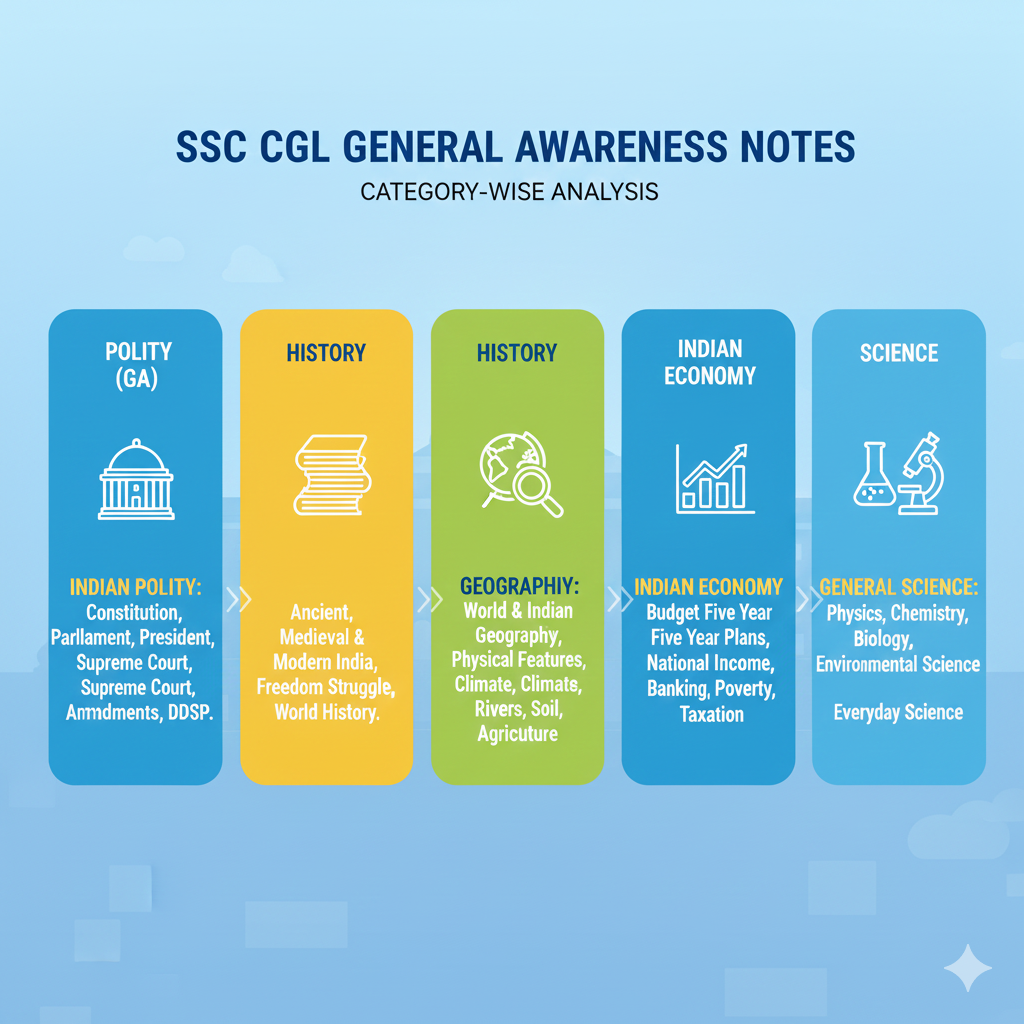 Topic wise SSC CGL General Awareness notes infographic with icons for Polity, History, Geography, Economy and Science.