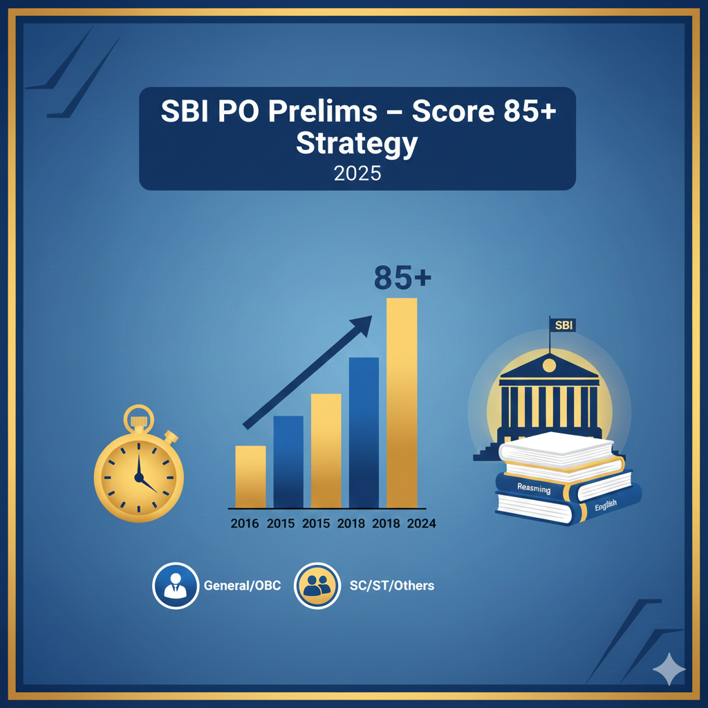SBI PO Prelims Strategy 2025 thumbnail showing study icons, stopwatch, rising score chart, and SBI branding.