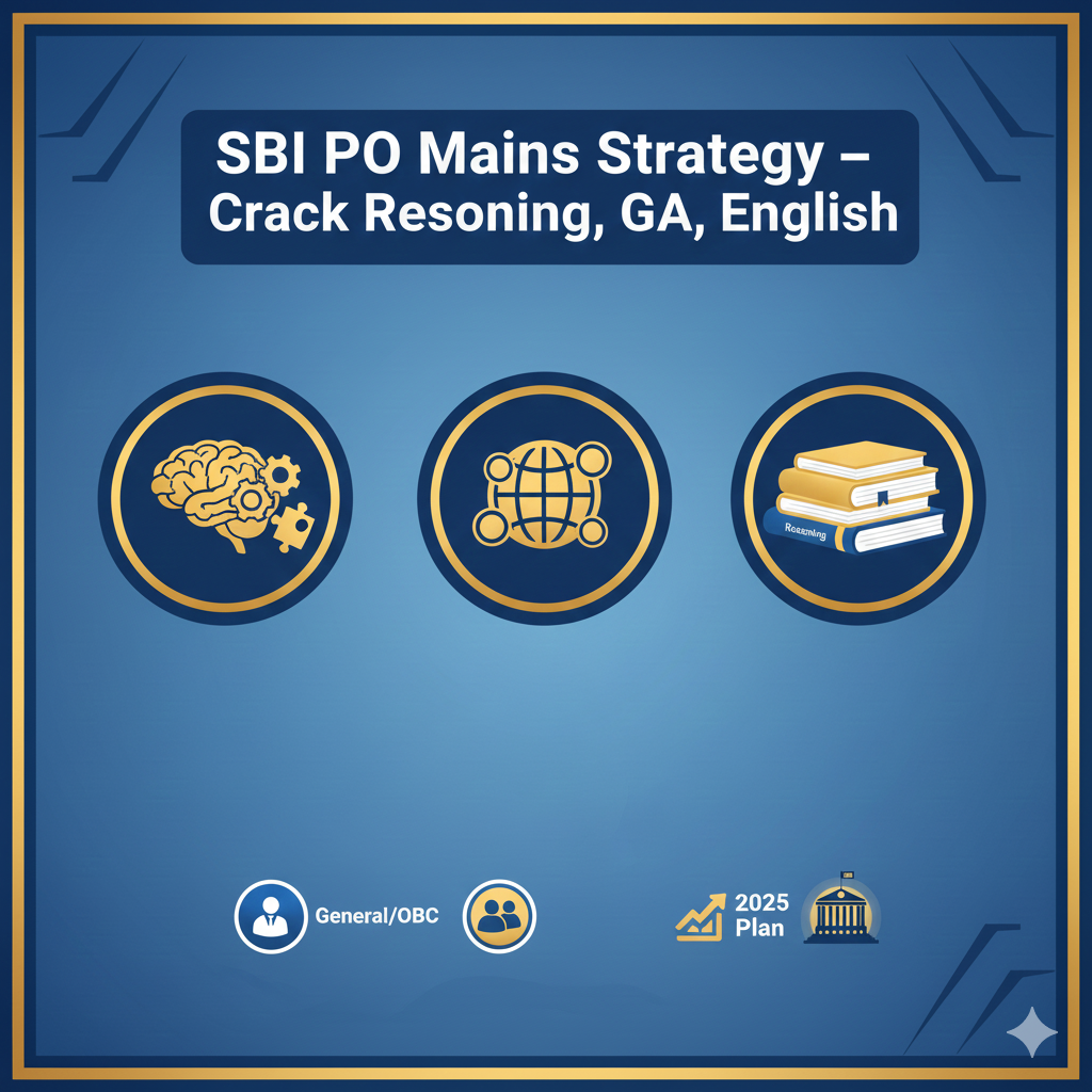 SBI PO Mains Strategy thumbnail showing reasoning, GA, and English icons with SBI branding.