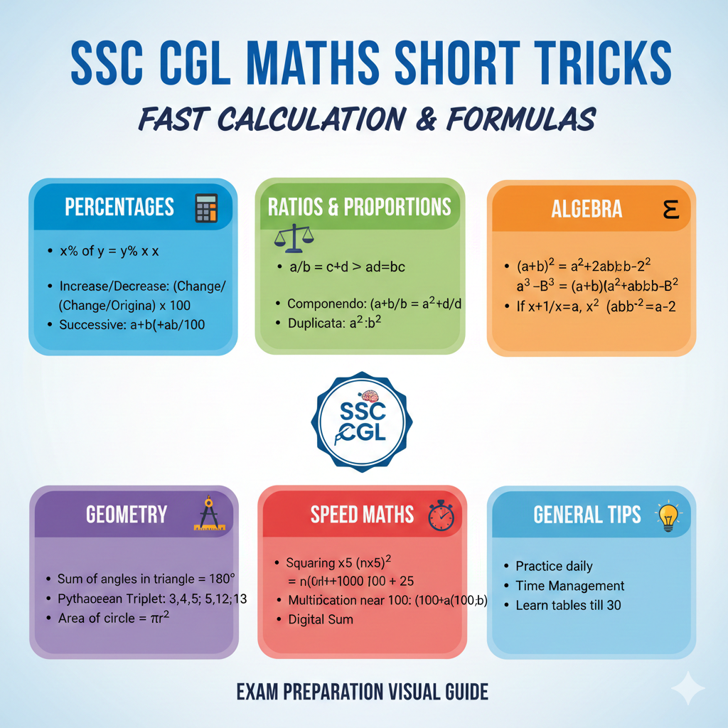 SSC CGL Maths short tricks infographic showing formulas and quick methods.