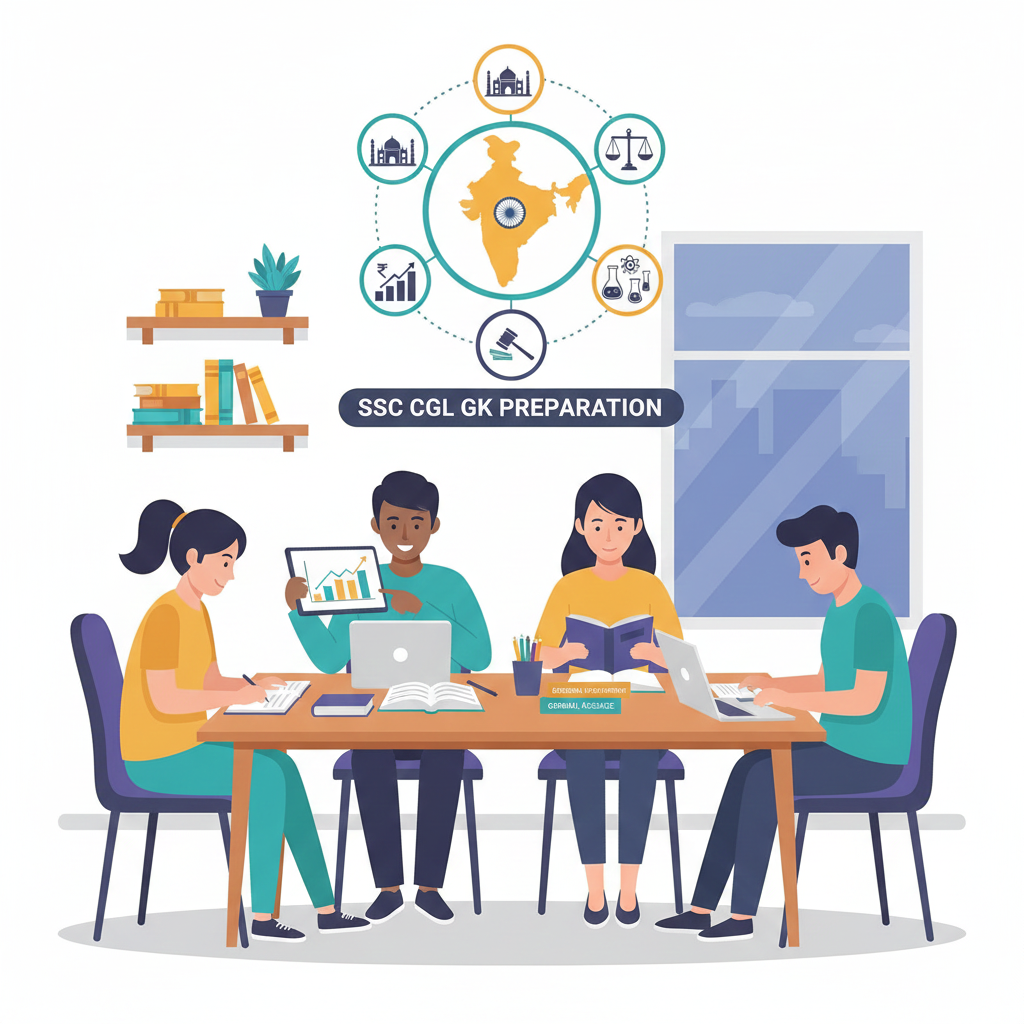 Students preparing SSC CGL GK with Indian history, geography, polity, science and economy icons in a study illustration.
