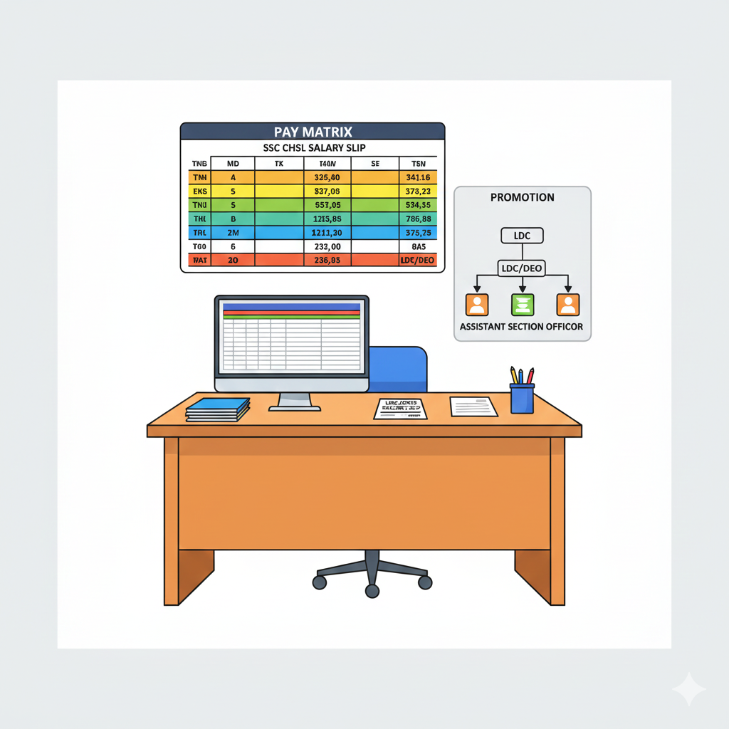 SSC CHSL LDC and DEO salary structure with in-hand pay, allowances, and promotions illustrated with pay matrix charts. 
