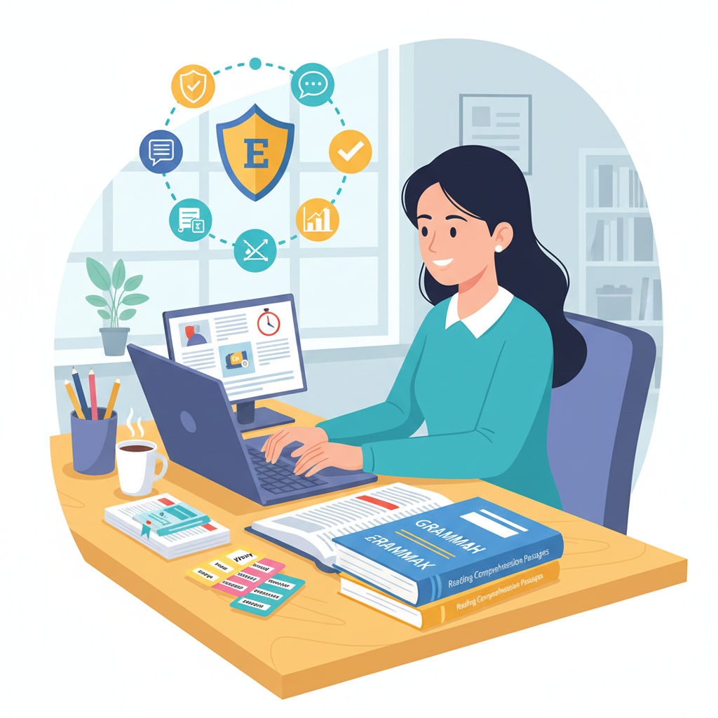 Student preparing for SBI PO English grammar and comprehension with books and laptop in a study illustration.