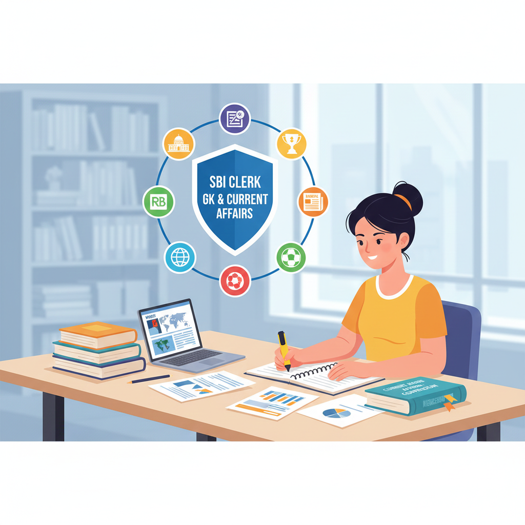 SBI Clerk GK and Current Affairs 2025 illustration with national news, banking awareness, schemes and student preparation theme.