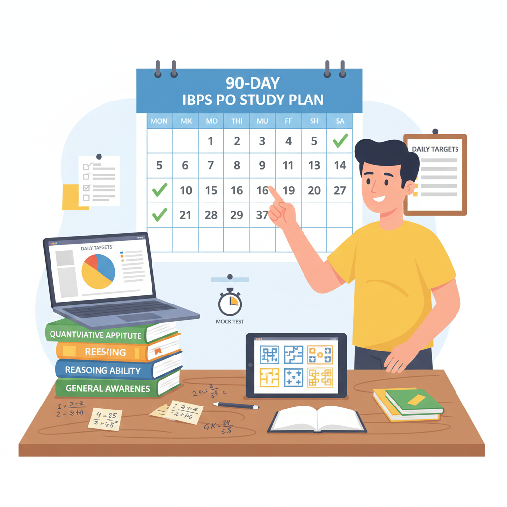 IBPS PO 90-day study plan illustration showing calendar, books, daily targets and exam preparation icons.