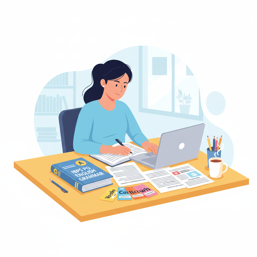 IBPS PO English strategy illustration with grammar, RC and cloze test preparation icons.