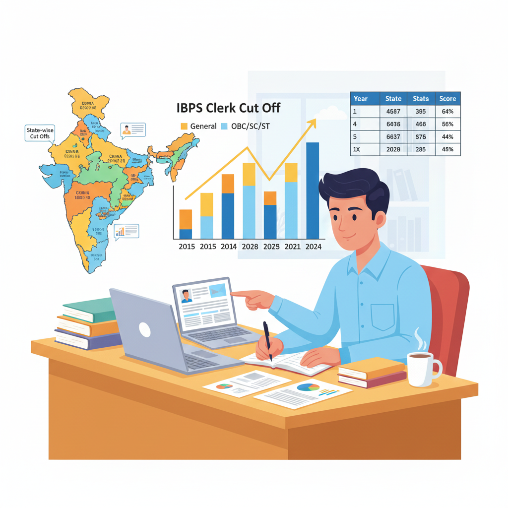 IBPS Clerk cut off 2015 to 2024 illustration with graphs, score trends and analysis visuals.