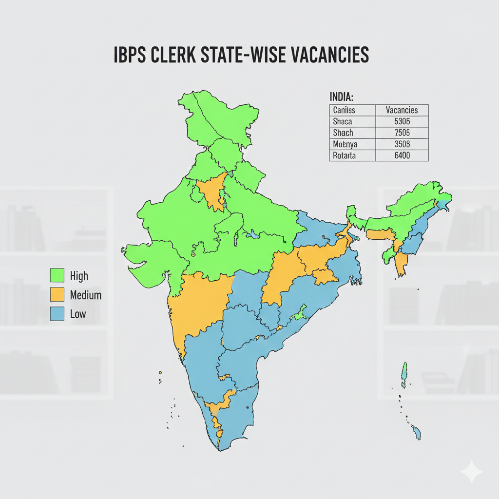 India map showing IBPS Clerk state-wise vacancy trend with high, medium and low vacancy regions.