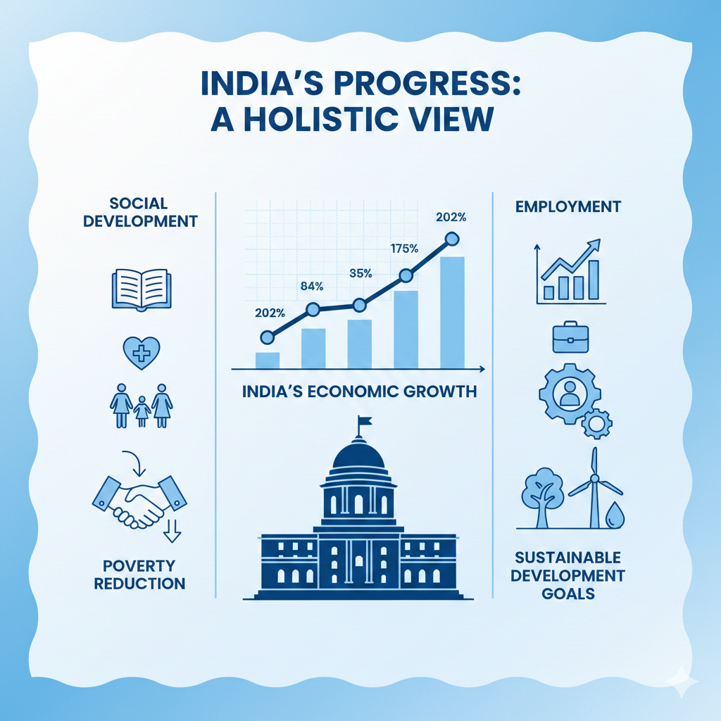 Infographic illustration representing India’s economic and social development with RBI building and growth indicators.