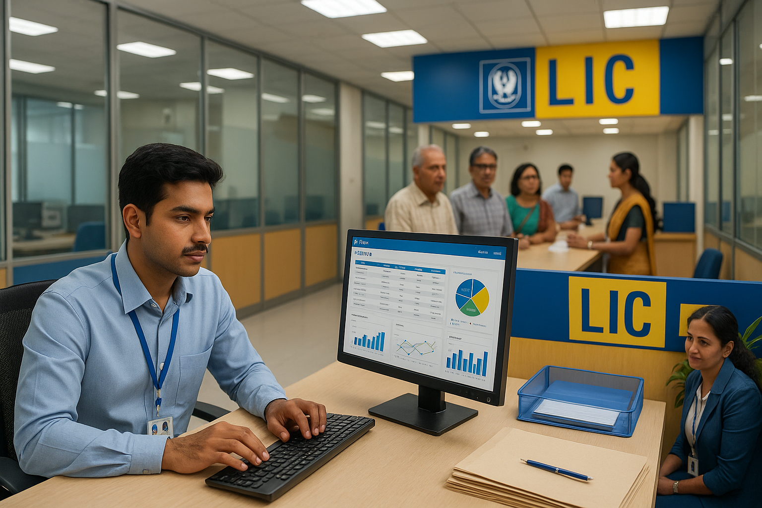 LIC Assistant working at desk with customer service activities and policy documentation.