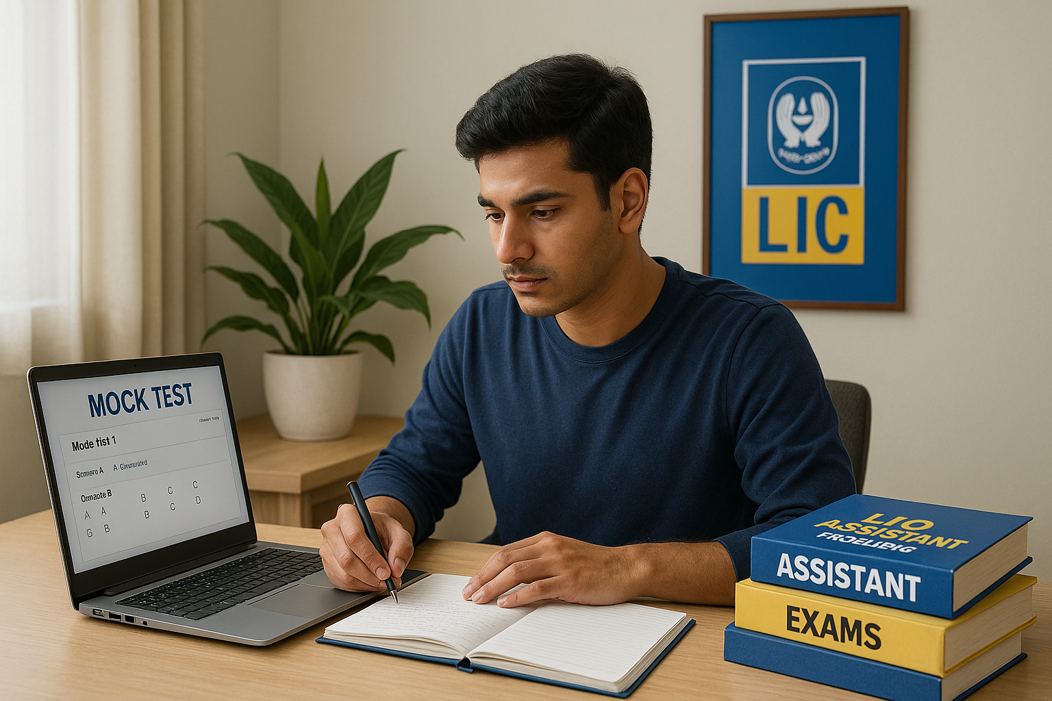 Student preparing for LIC Assistant Prelims with mock tests and study material in a bright workspace.