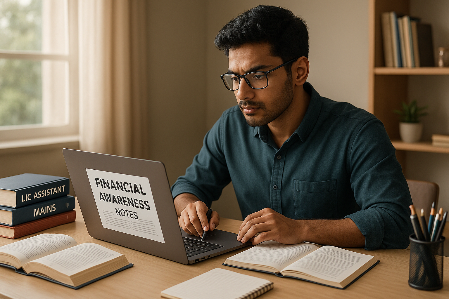 Student preparing for LIC Assistant Mains exam with financial awareness notes and books.