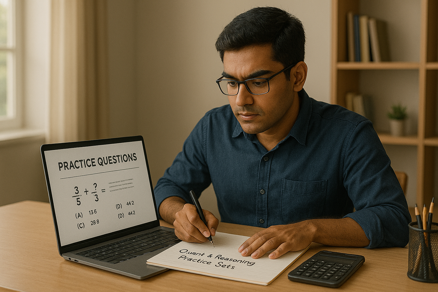 Student practicing Quant and Reasoning questions for LIC Assistant exam using laptop and notes.
