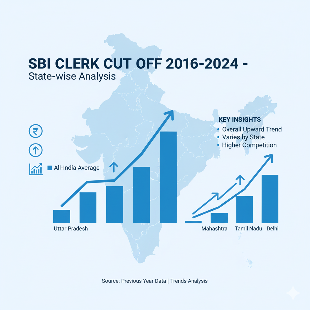 SBI Clerk Cut Off 2016 to 2024 infographic with state-wise trend analysis and graph visuals.