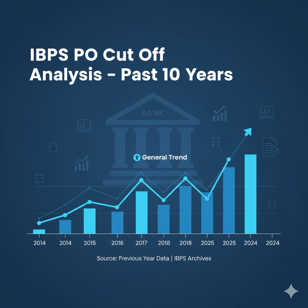 IBPS PO Cut Off Analysis infographic showing 10-year trend with charts and timeline.
