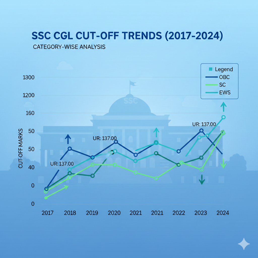 SSC CGL cut off trend analysis from 2017 to 2024 with category wise graph representation.