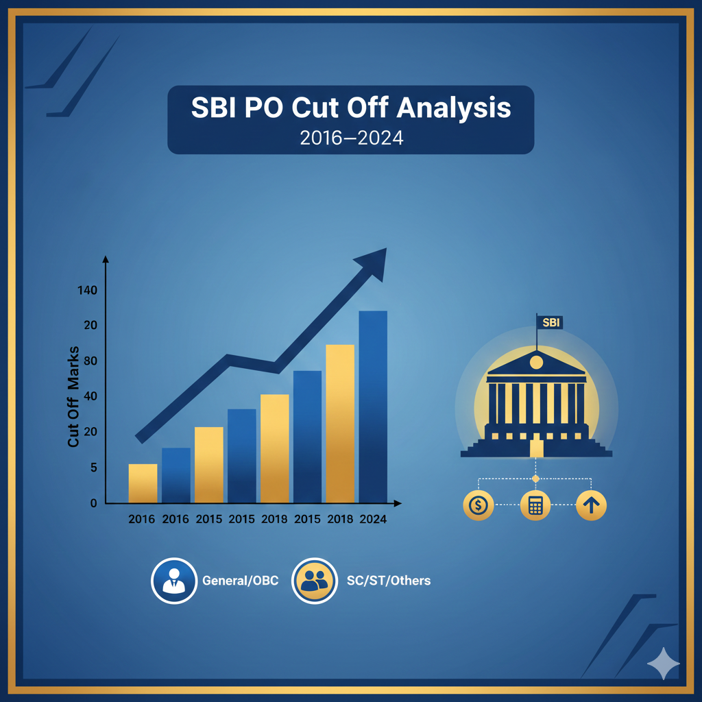 SBI PO Cut Off Analysis 2016–2024 with category-wise and year-wise trend graph infographic.
