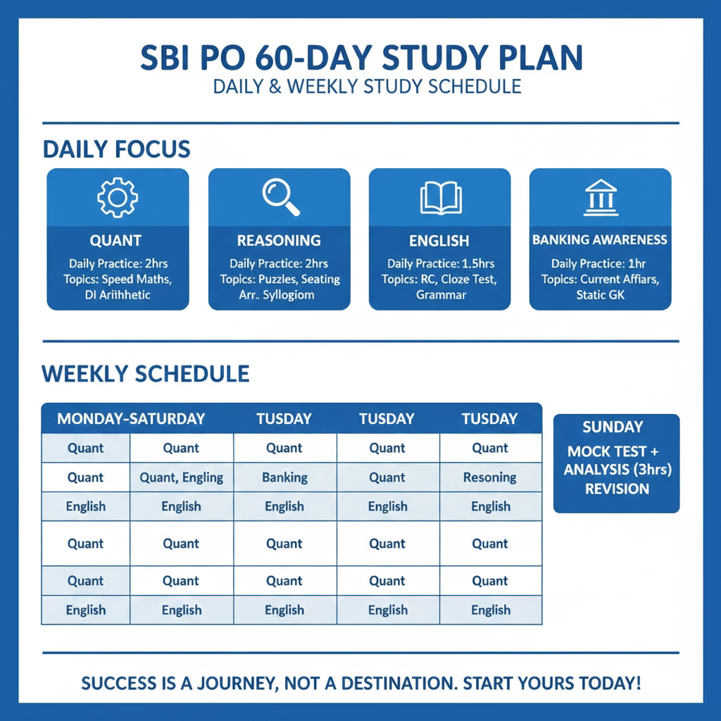 SBI PO 60-day study plan infographic with toppers’ strategy and preparation schedule.