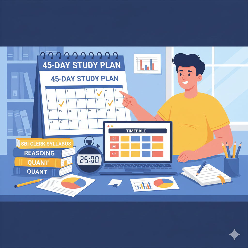 SBI Clerk 45-day study plan illustration with timetable, books, laptop and beginner-friendly preparation icons.
