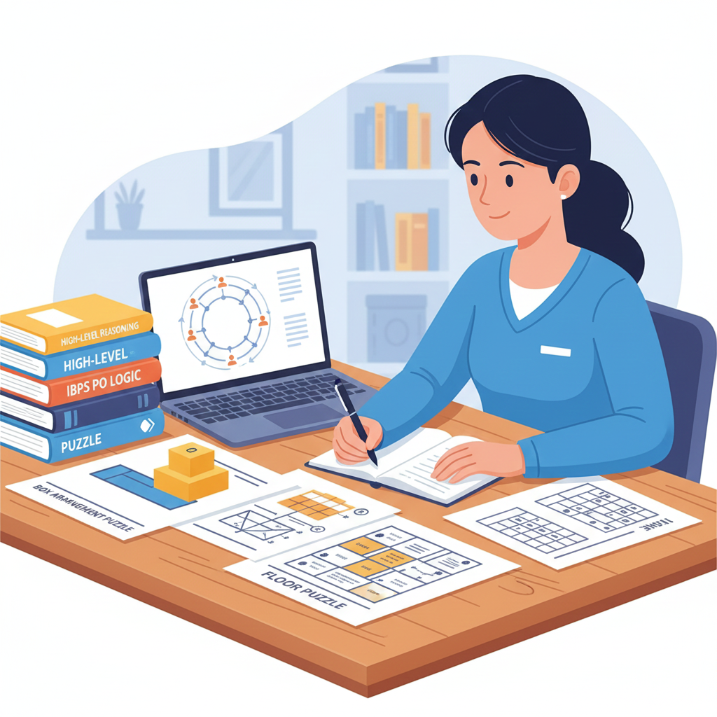 IBPS PO high-level reasoning puzzles illustration with seating, box, floor and scheduling diagrams.