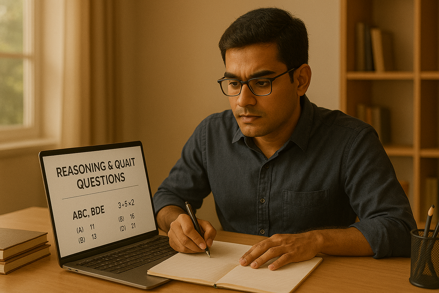 Student preparing for LIC AAO Prelims exam with quant and reasoning practice materials.