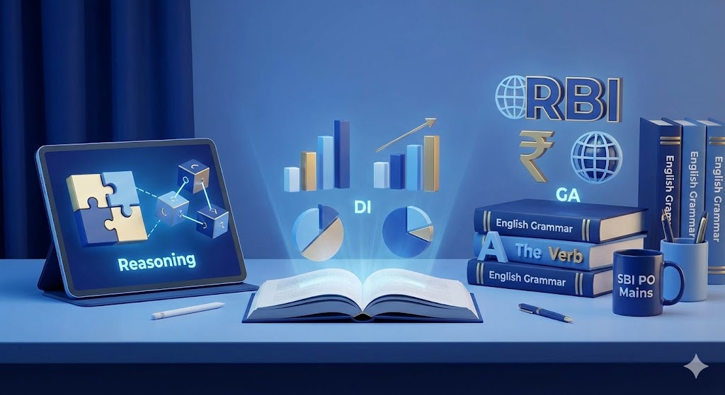 SBI PO Mains Reasoning GA English strategy infographic in Hindi