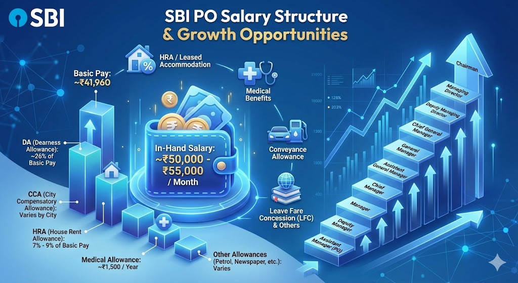 SBI PO salary in-hand perks and career growth infographic in Hindi